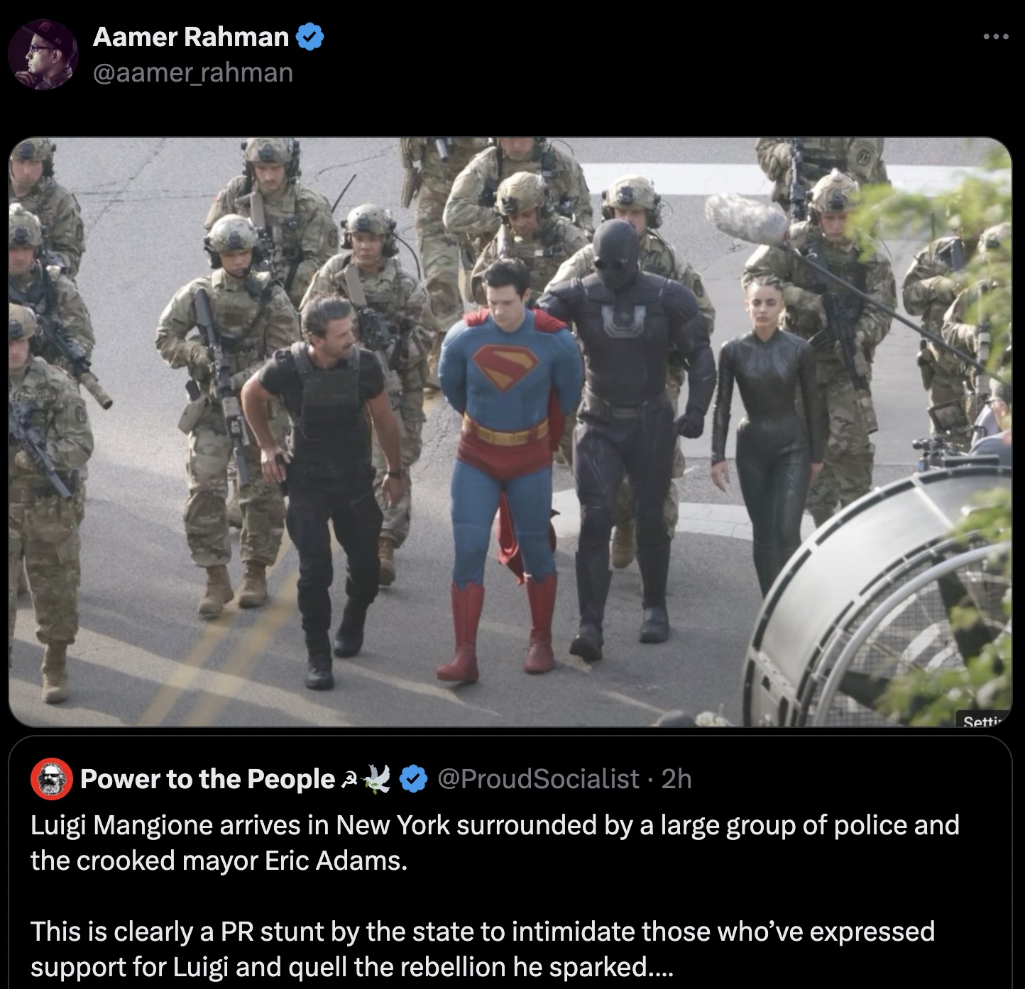 superman set photos 2025 - Aamer Rahman a Power to the People 2h Luigi Mangione arrives in New York surrounded by a large group of police and the crooked mayor Eric Adams. This is clearly a Pr stunt by the state to intimidate those who've expressed suppor